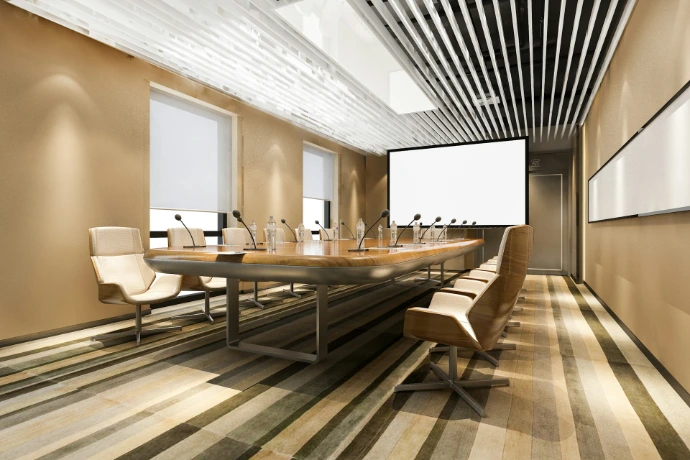 Modern conference room with long table and chairs
